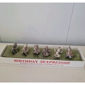 Lunt Silversmiths Silverplate Teddy Bear Cake Toppers & Candle Holders 6 Pc. Set